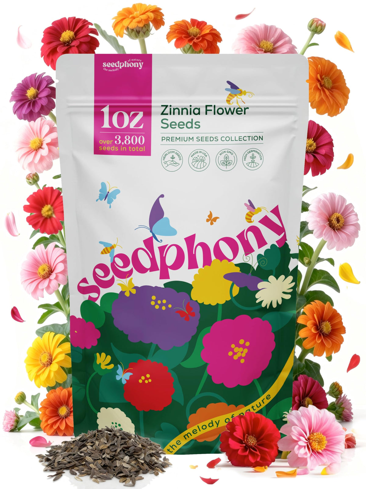 Seedphony Zinnia seeds pack for vibrant blooms and pollinator-friendly garden displays.