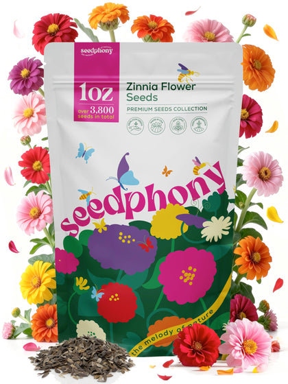 Seedphony Zinnia seeds pack for vibrant blooms and pollinator-friendly garden displays.