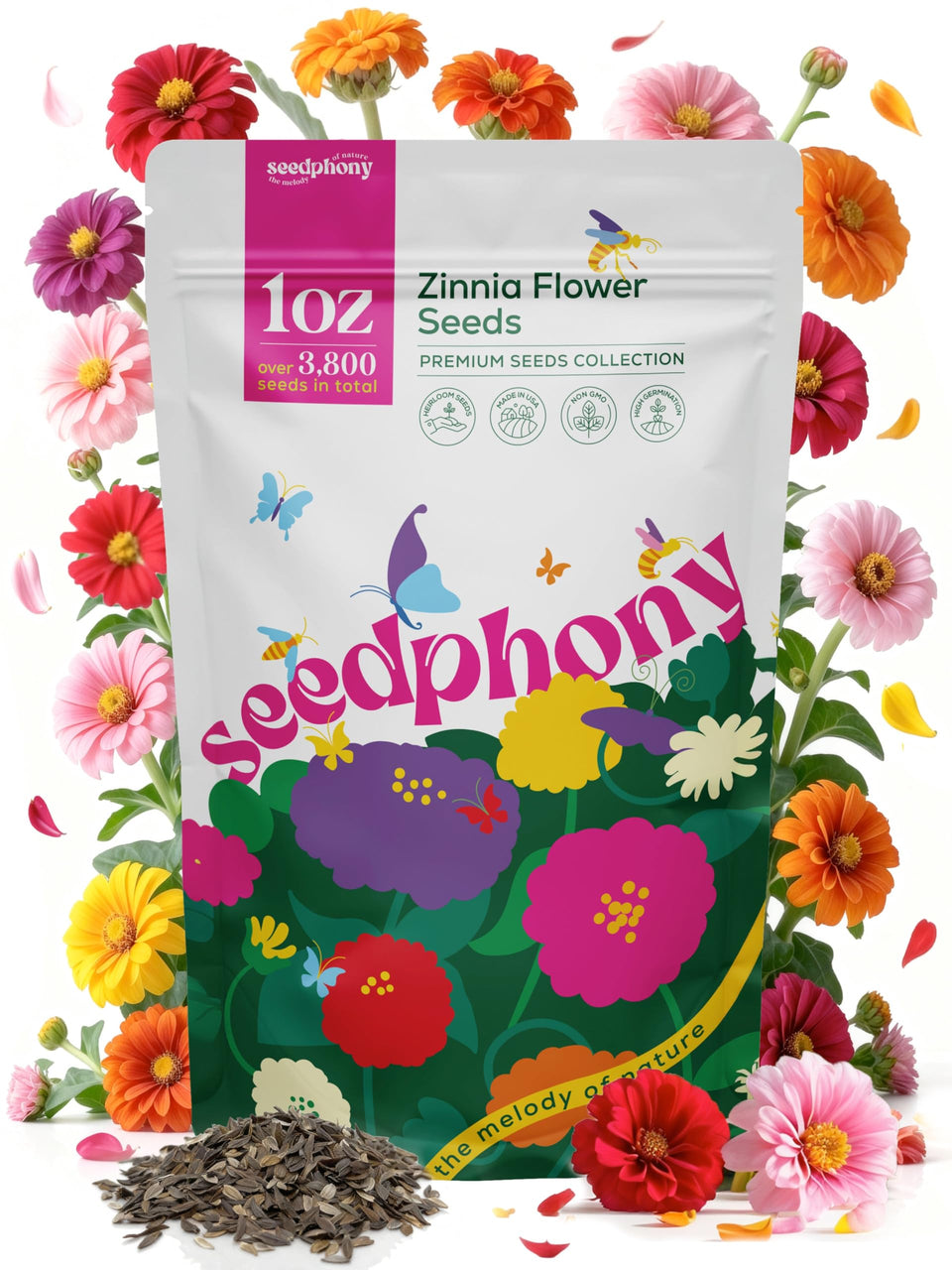 Seedphony Zinnia seeds pack for vibrant blooms and pollinator-friendly garden displays.