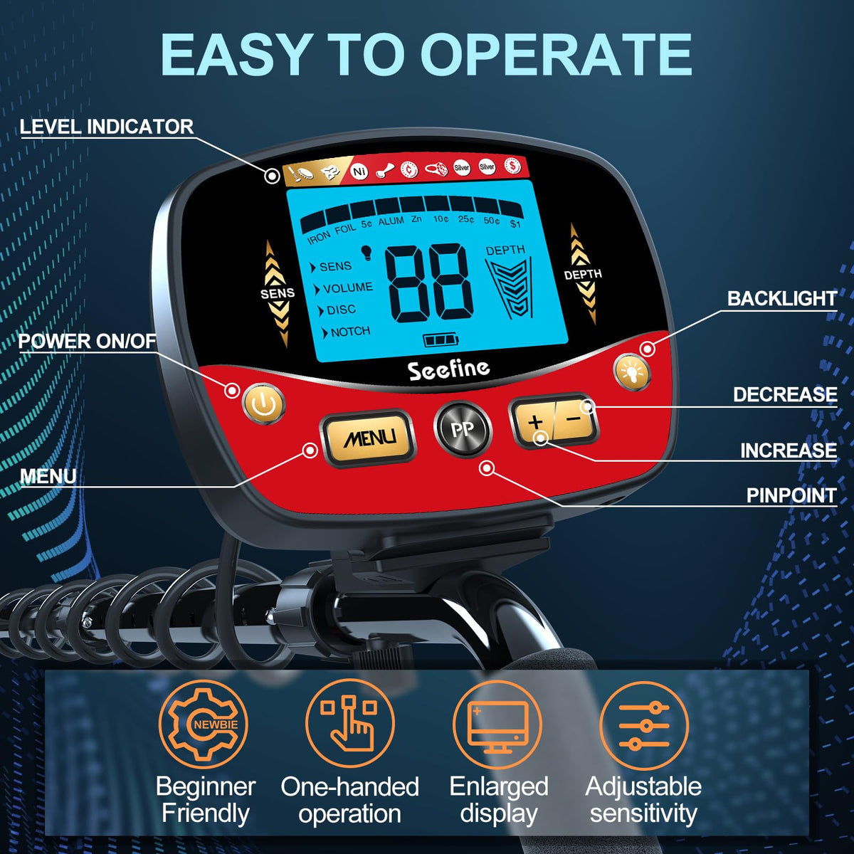 Seefine detector setup adjustable sensitivity and height for versatile use