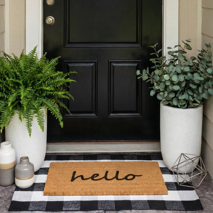 SEEKSEE Hello Doormat front view with coco coir traps dirt for cleaner entry.