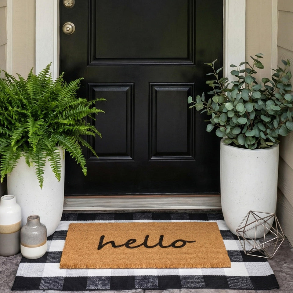SEEKSEE Hello Doormat front view with coco coir traps dirt for cleaner entry.