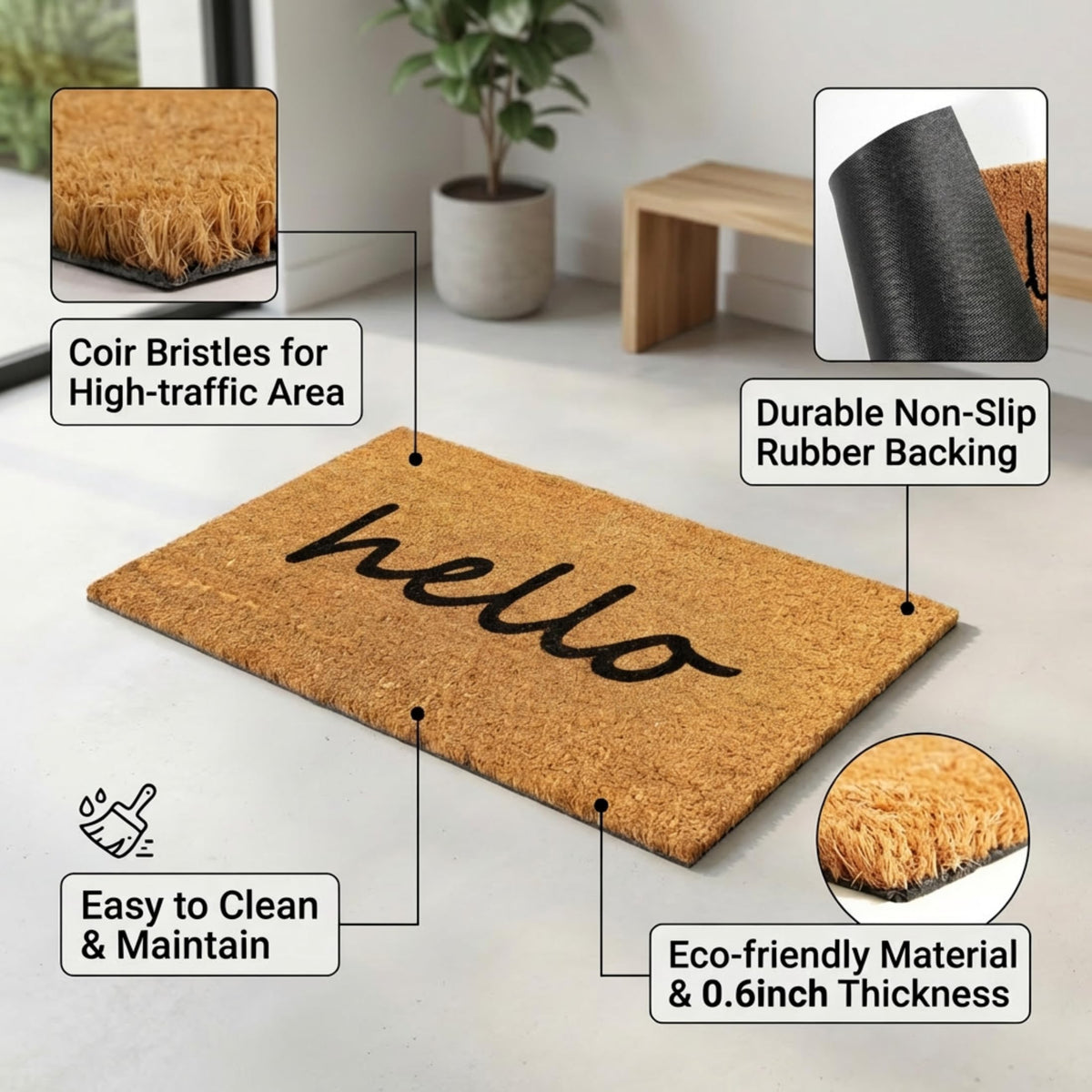 SEEKSEE Hello Doormat coir texture close-up highlights natural durability.