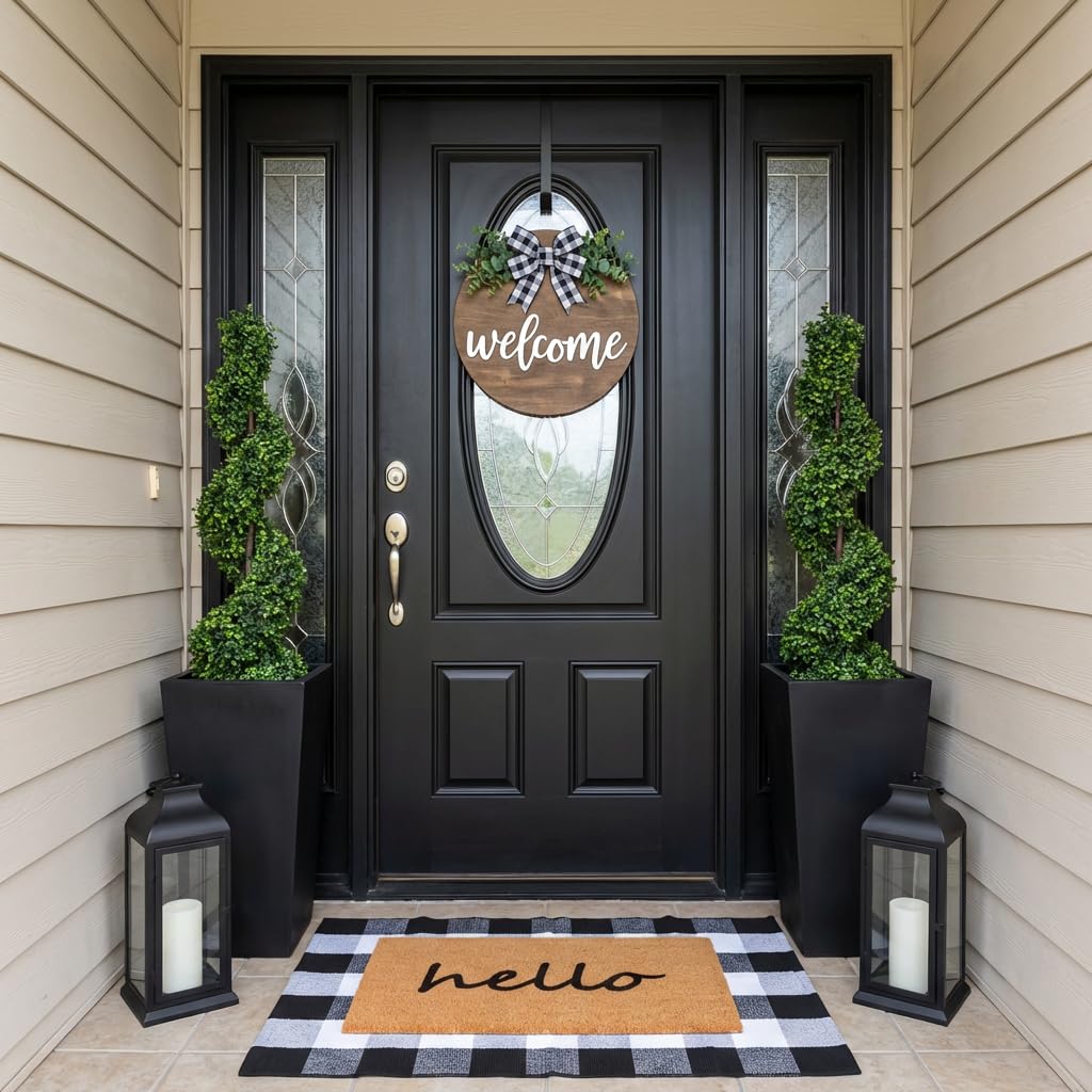 SEEKSEE Hello Doormat layered rug setup shows buffalo plaid for curb appeal.