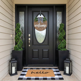 SEEKSEE Hello Doormat layered rug setup shows buffalo plaid for curb appeal.
