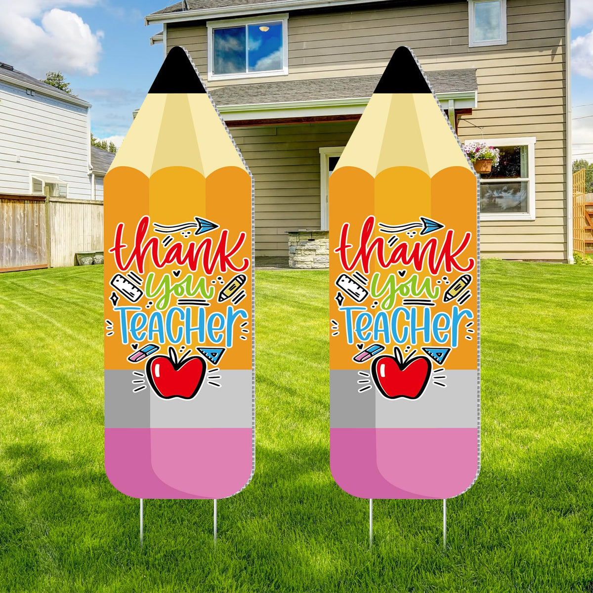 Seeloowy two-pack teacher sign with pencil decor for bright outdoor displays