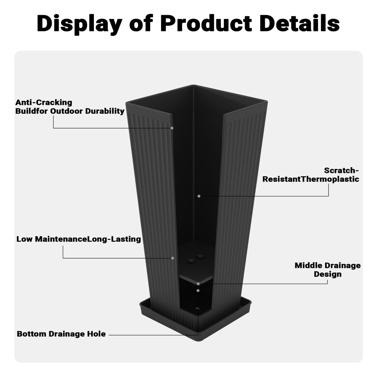 Seethmi tall planter removable drainage tray doubles as saucer for flexibility.