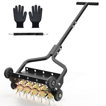 Seeutek 18-inch lawn aerator close-up of 3D tines showing deep soil penetration