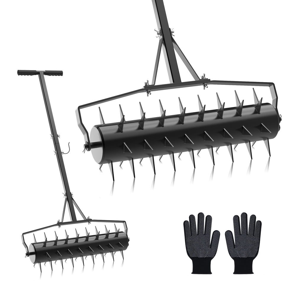 Seeutek 18inch rolling lawn aerator with wide head for even soil penetration.