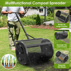 Seeutek compost spreader roller mesh distributes material evenly across uneven terrain