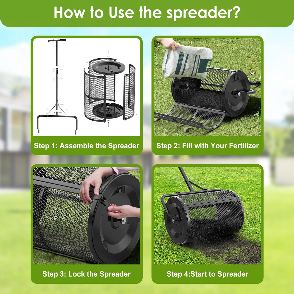 Seeutek compost spreader tow-push design supports efficient work on lawns