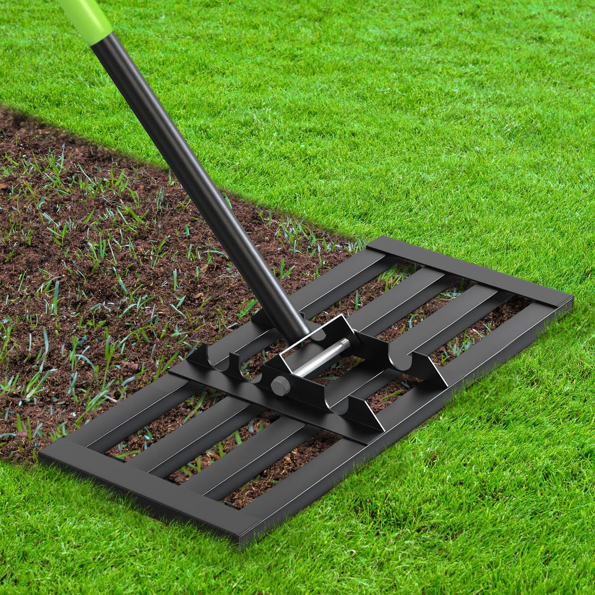 Seeutek lawn leveling rake 17x10 with square-tube design for smoother soil leveling.