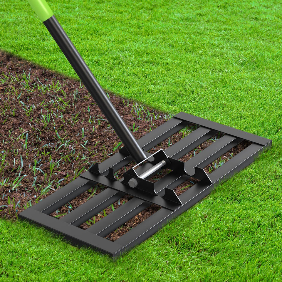 Seeutek lawn leveling rake 17x10 with square-tube design for smoother soil leveling.