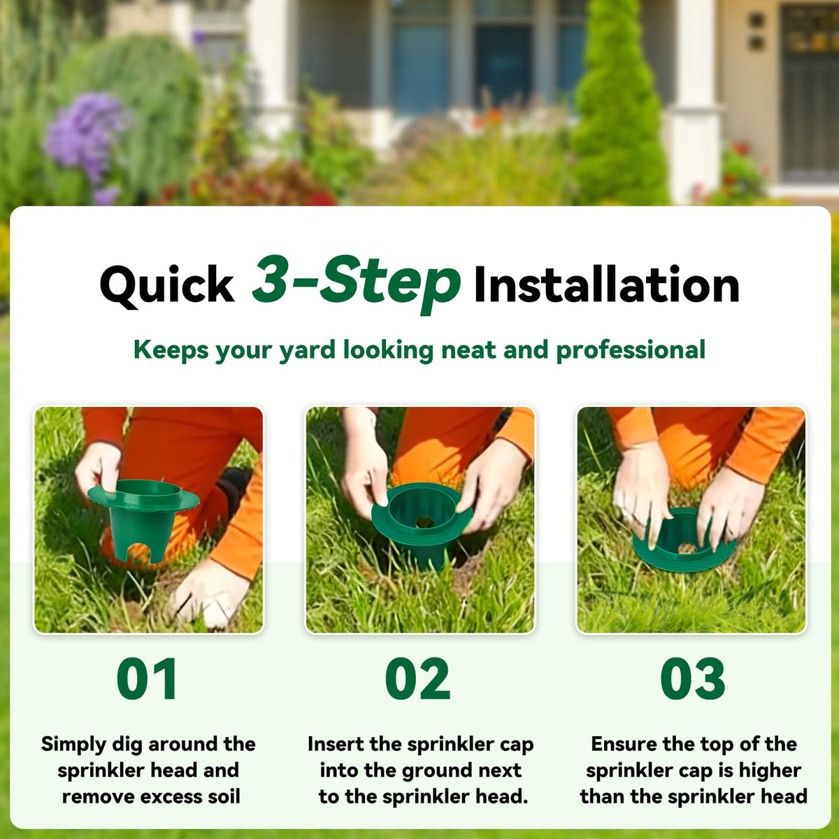 Sefream green plastic sprinkler guard blending with lawn for subtle protection