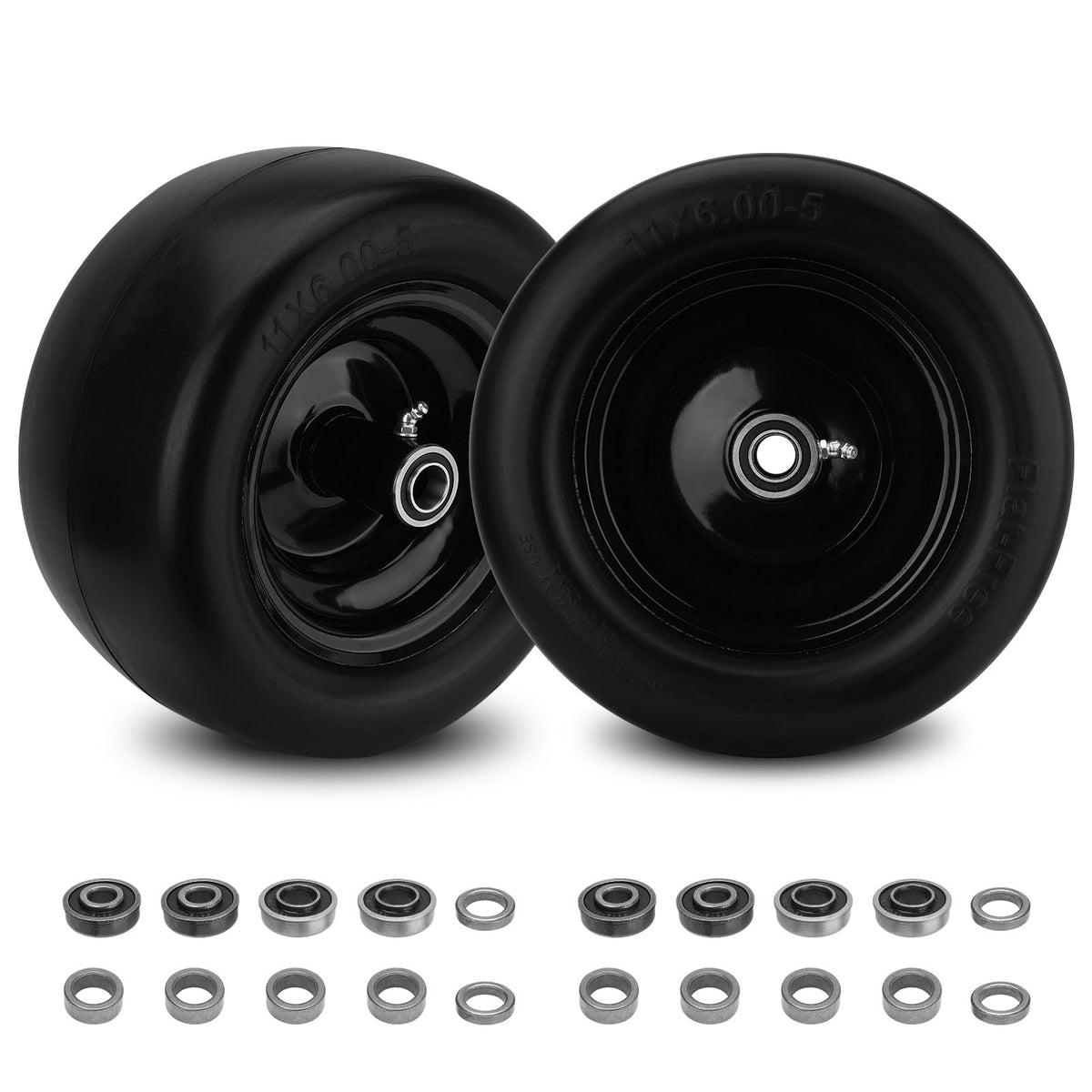 Sejaede 11x6 flat-free tire wheel assembly for zero-turn mowers with maintenance-free durability.