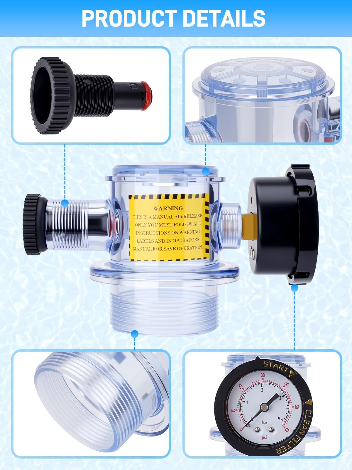 Sejaede clear body air-relief assembly for CLR pool spa allows visual monitoring