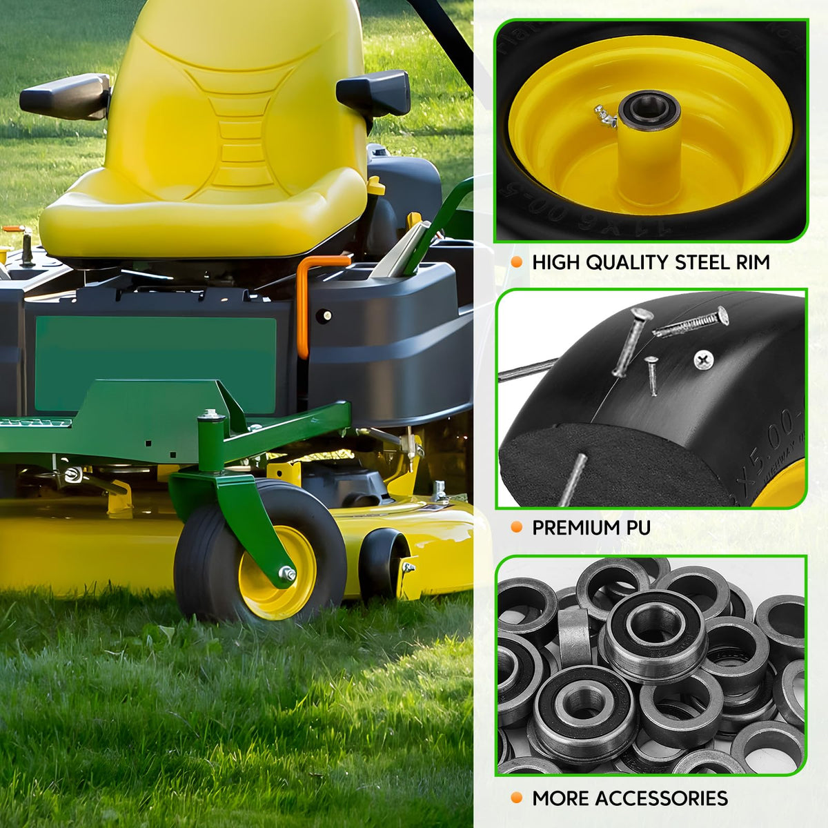 Sejaede yellow front tire in use on a zero-turn mower