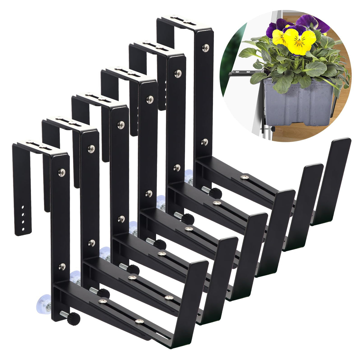 Sekcen 6-pack adjustable window box brackets installed on a railing for versatile planter sizing