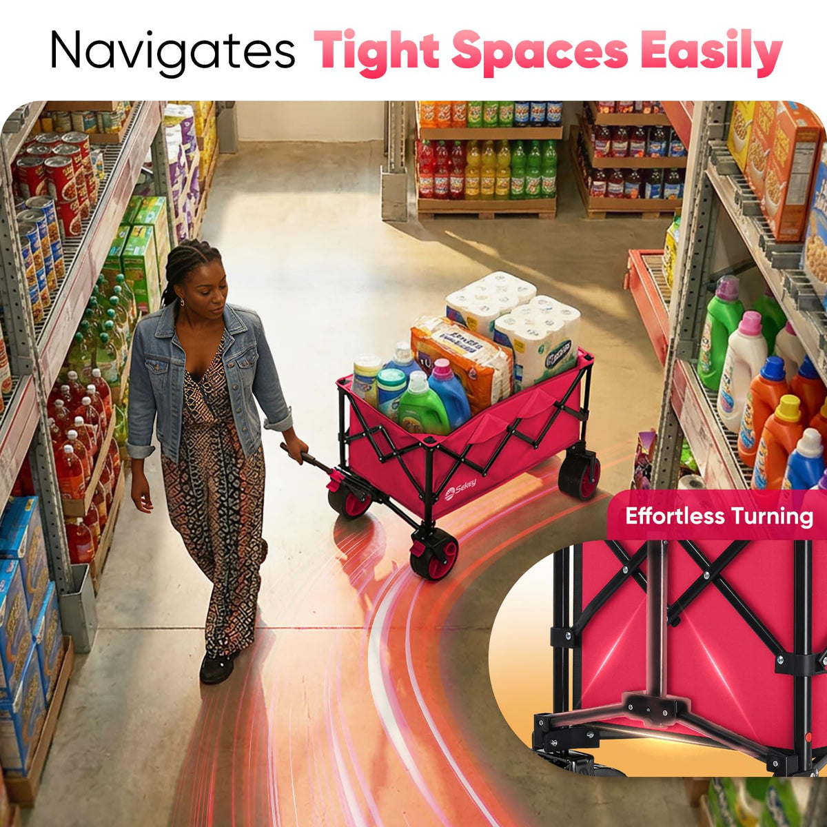 Sekey 360-degree swivel wheels enable smooth turns and responsive handling.