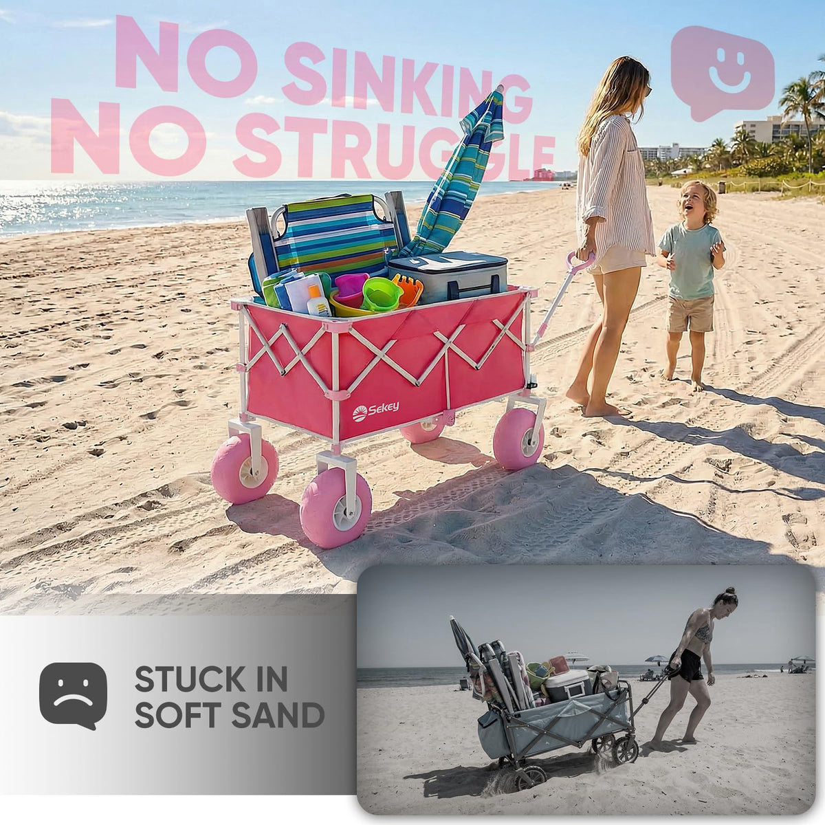 Sekey adjustable handle with 360-degree swivel front wheels enables easy steering.