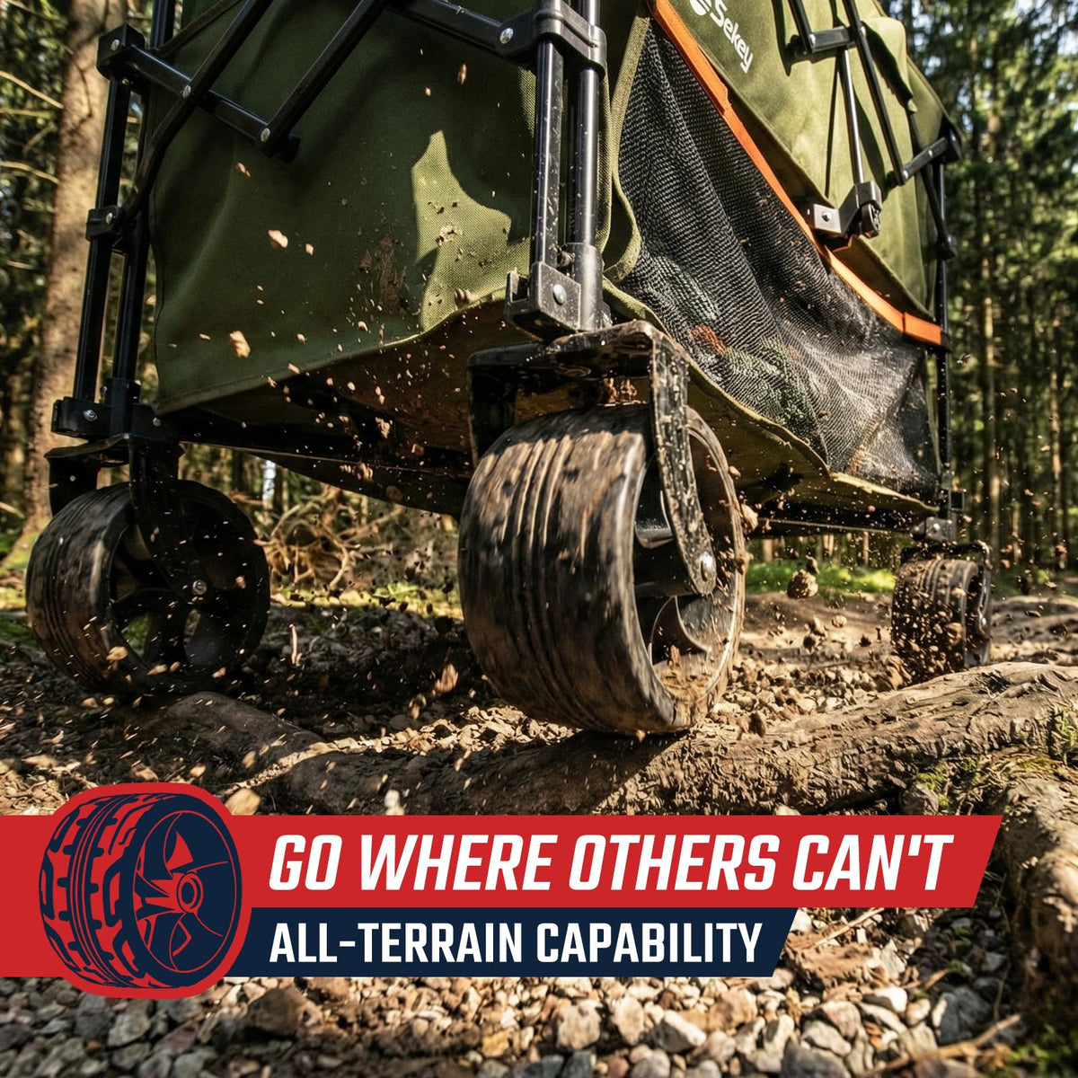 Sekey all-terrain big wheels with brakes glide smoothly over grass and gravel.