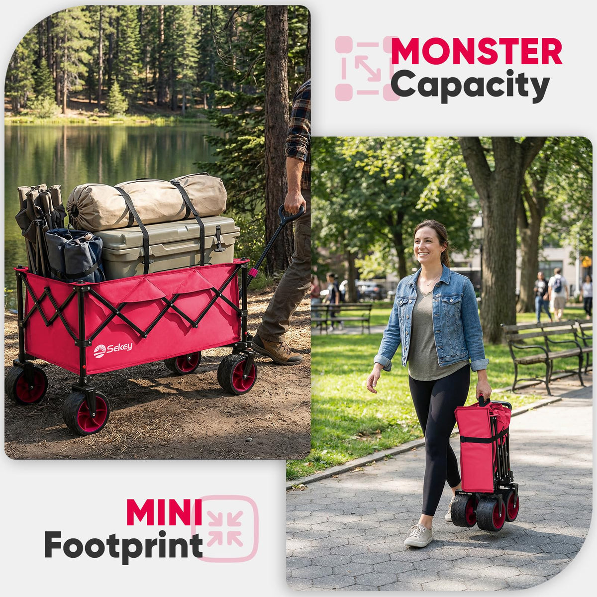 Sekey all-terrain wheels tackle sand and uneven surfaces with stable traction.