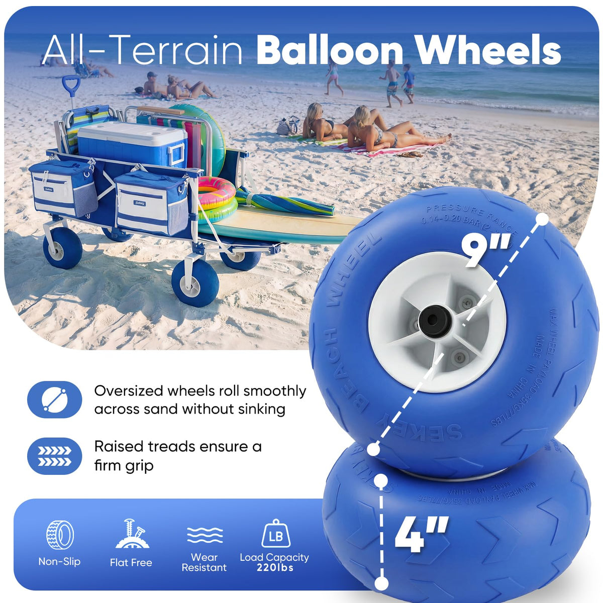 Sekey beach cart with open-back tailgate for easy loading of oversized items.
