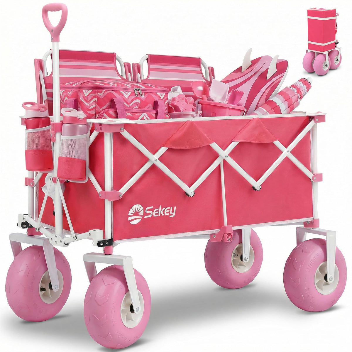 Sekey heavy-duty beach wagon with 9-inch sand-proof wheels, smooth transport on sandy shores.