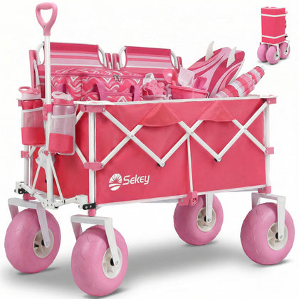 Sekey heavy-duty beach wagon with 9-inch sand-proof wheels, smooth transport on sandy shores.
