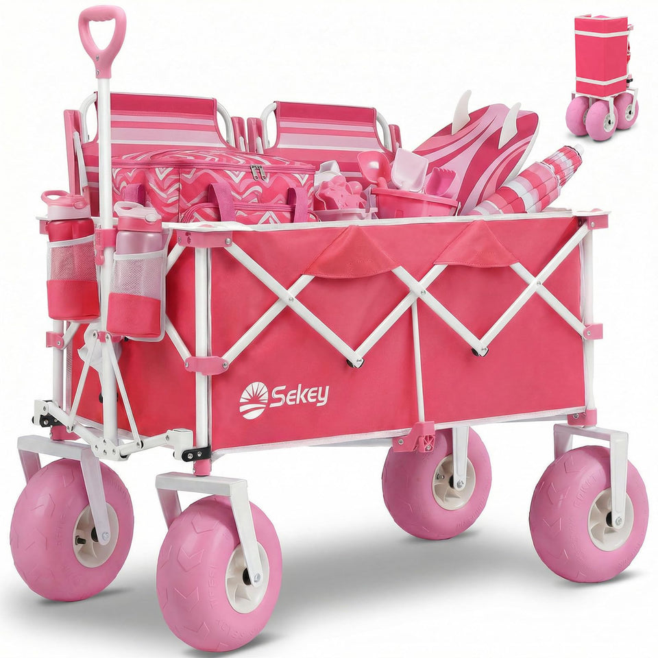 Sekey heavy-duty beach wagon with 9-inch sand-proof wheels, smooth transport on sandy shores.