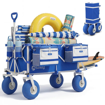 Sekey heavy-duty beach wagon with 9-inch wheels conquering sand and gravel.