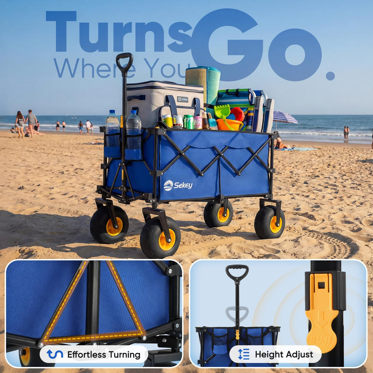 Sekey wagon loaded with cooler and chairs at the beach