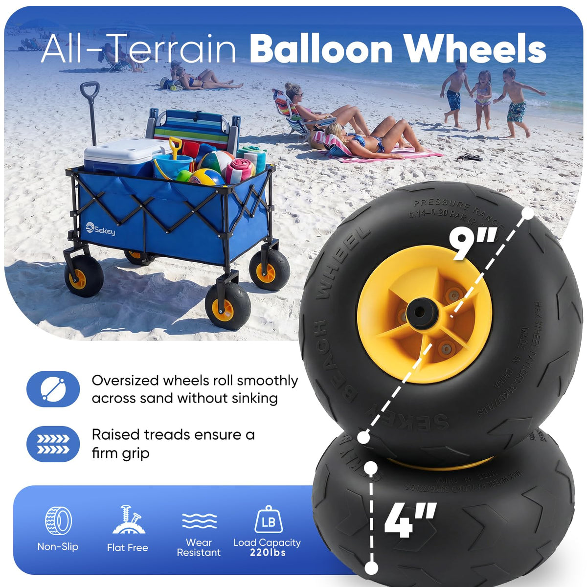 Sekey wagon with 9-inch sand-proof wheels on soft sand