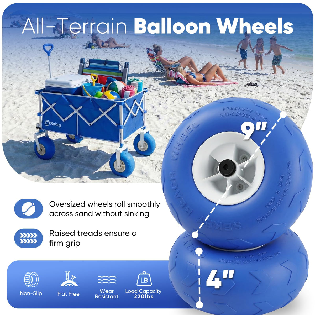 Sekey nine-inch sand-proof wheels enable easy off-road transport