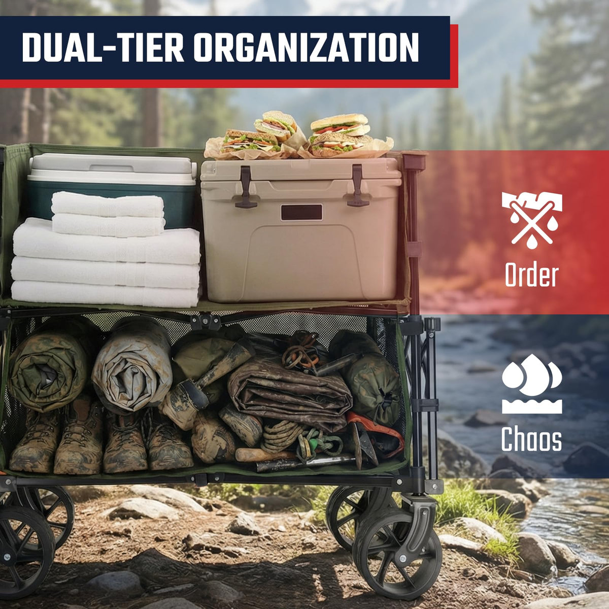 Sekey two-tier design keeps muddy gear separate from clean items during events.