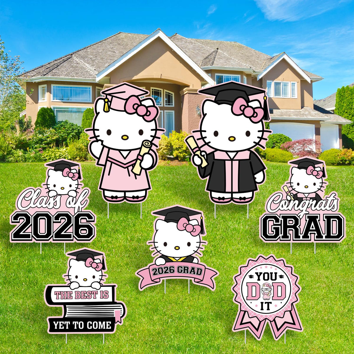 SEL 7pc pink graduation yard signs set for a bold front-yard display