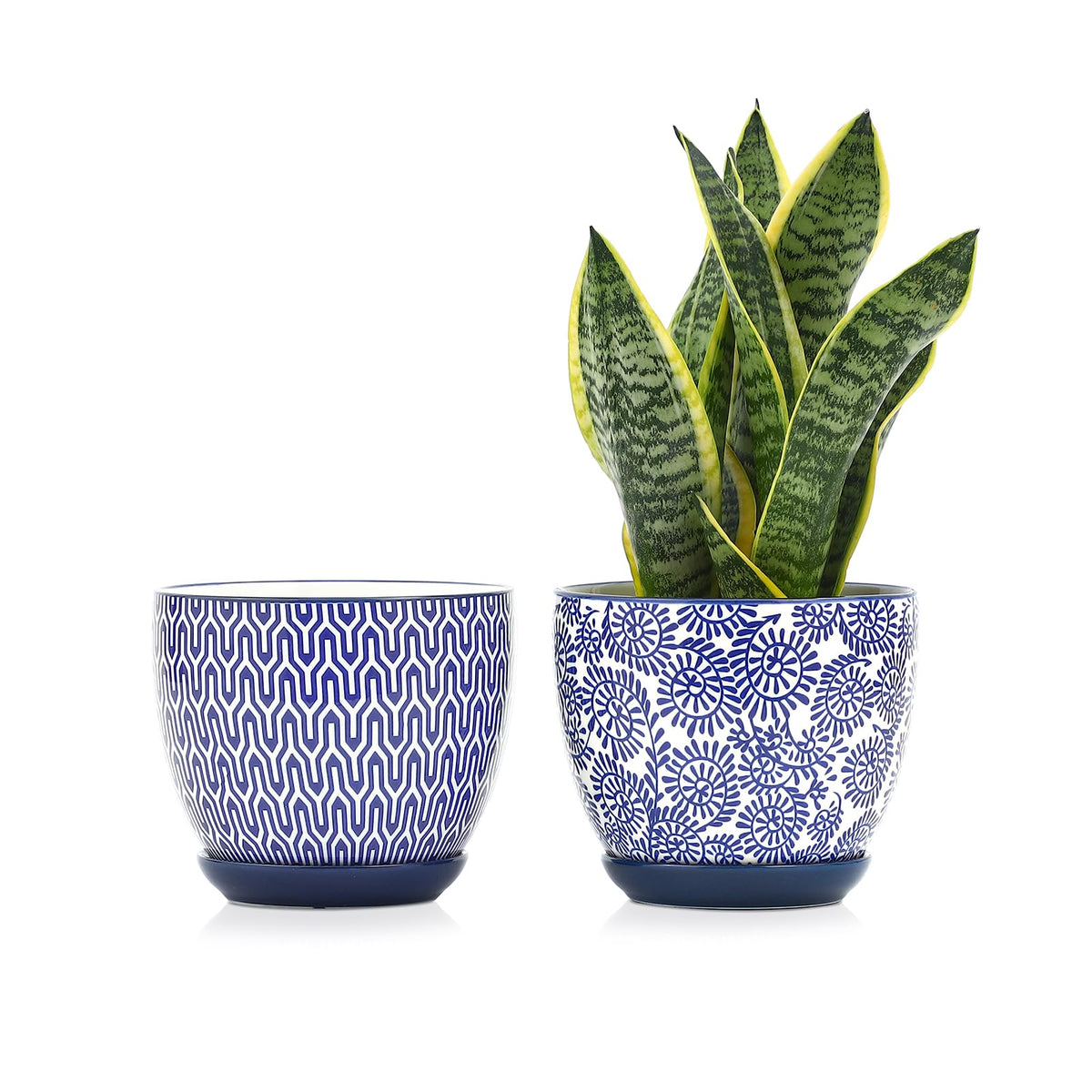 Selamica plant pot with vintage blue pattern and 6.5-inch size for chic indoor greenery.