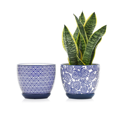 Selamica plant pot with vintage blue pattern and 6.5-inch size for chic indoor greenery.