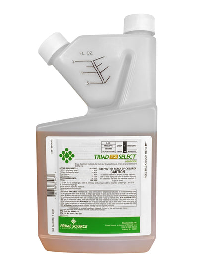 Select Source Triad TZ bottle label displays four active ingredients for broadleaf weed control.