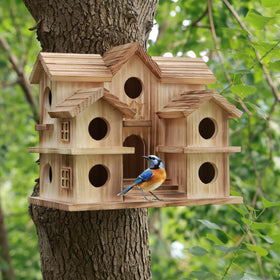 SELENAIRE large bird house with 10 holes, front view; durable cedar habitat for garden birds.