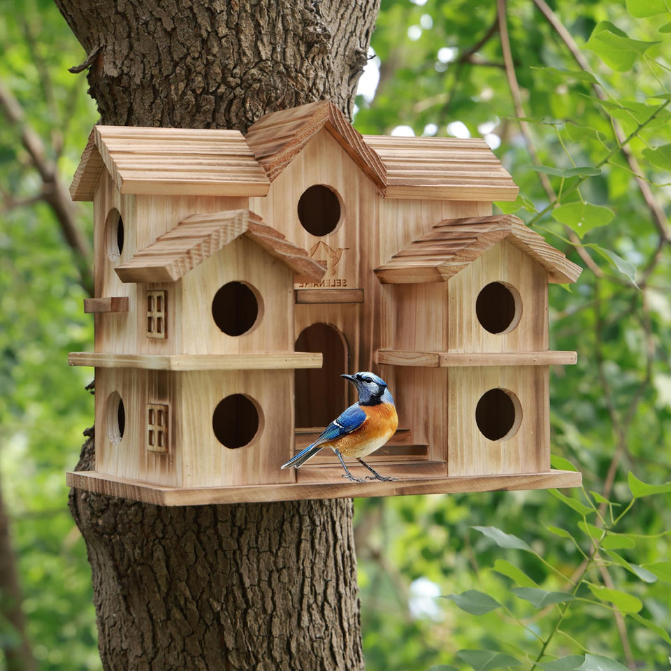 SELENAIRE large bird house with 10 holes, front view; durable cedar habitat for garden birds.