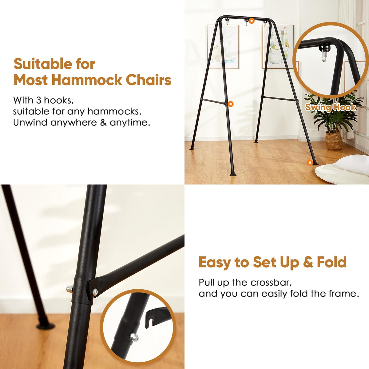 SELFLA hammock stand dimensions show fit for most hanging chairs and spaces.