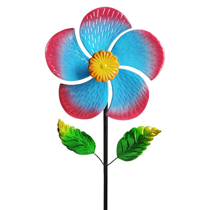 Senflame 28-inch wind spinner with red border and cobalt petals spinning in breeze