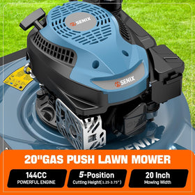 SENIX 144cc four-stroke engine powering steady lawn mowing performance