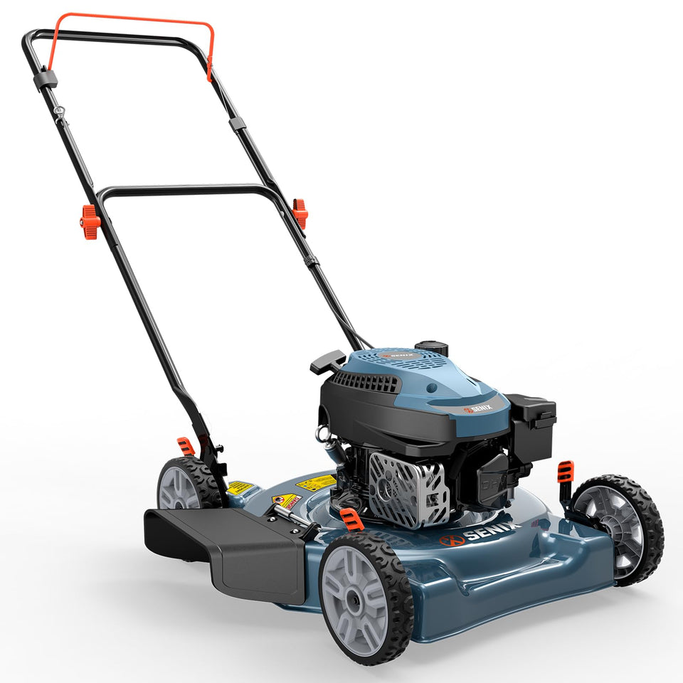 SENIX 20-inch mower deck in action with side discharge for efficient grass clearance