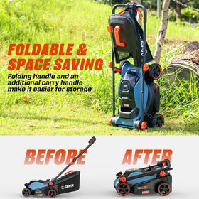 Foldable handle for compact storage on SENIX mower