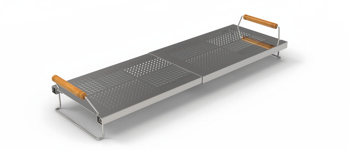 Extended-length warming rack adjusts from 14.5 to 27 inches for compatibility