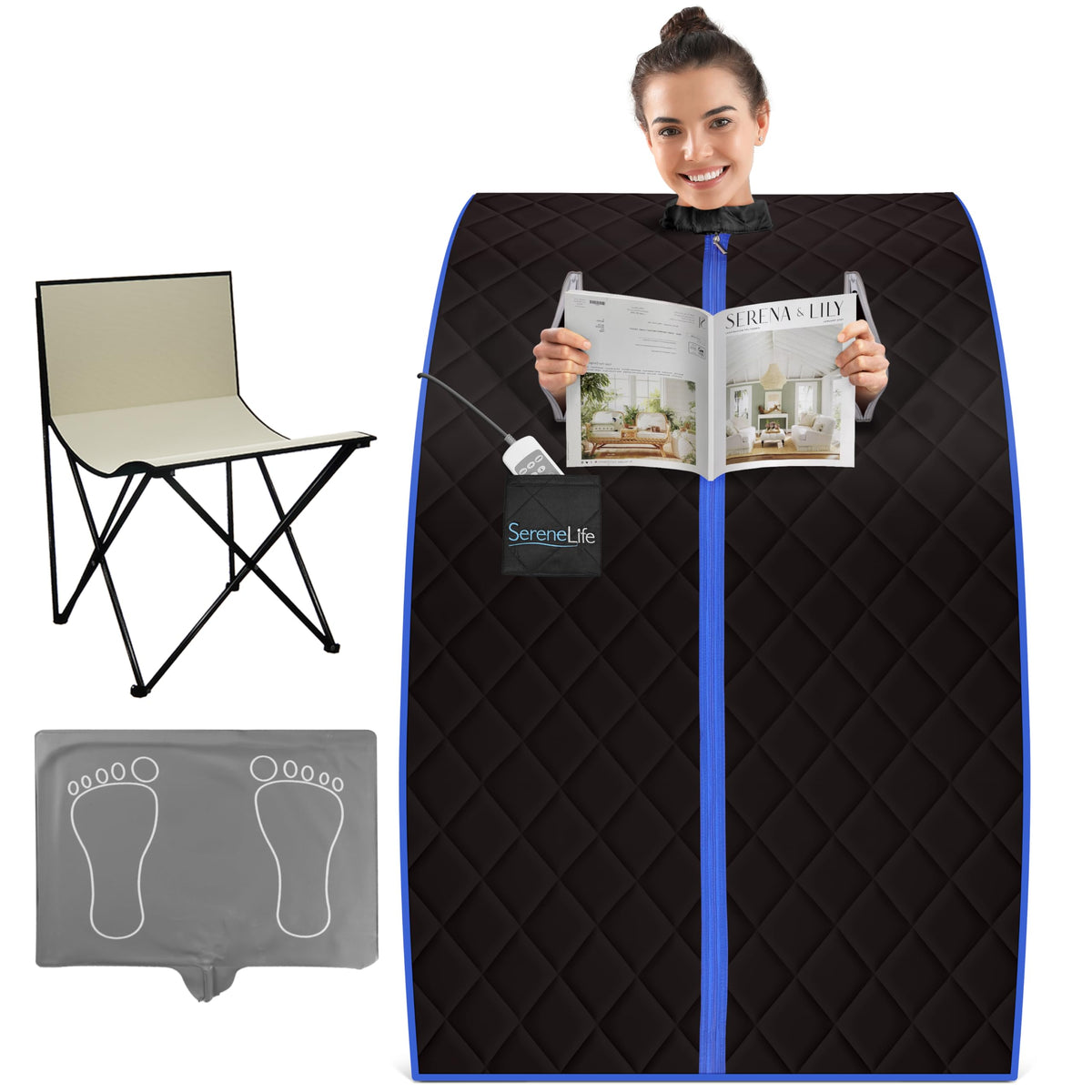 SereneLife compact infrared sauna set up in a home spa corner for easy relaxation