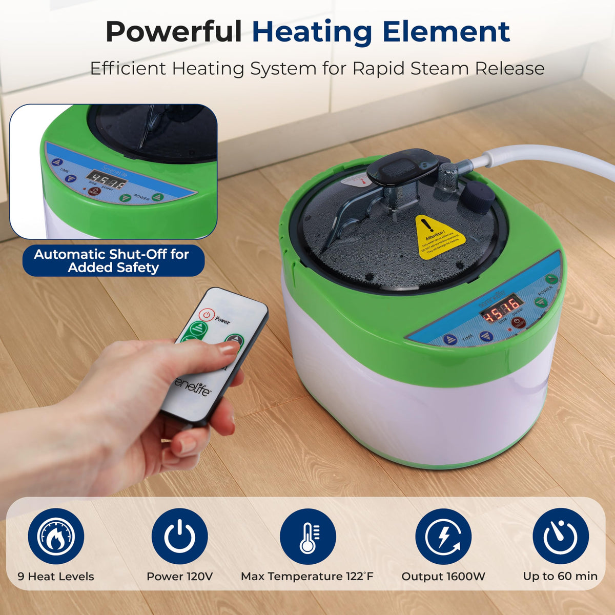 SereneLife four-liter steamer delivers steady, efficient steam for sessions.