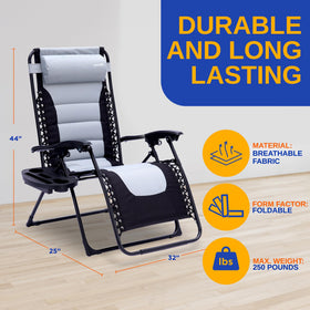 SereneLife zero gravity lounge chair with side table and cup holder for outdoor convenience.